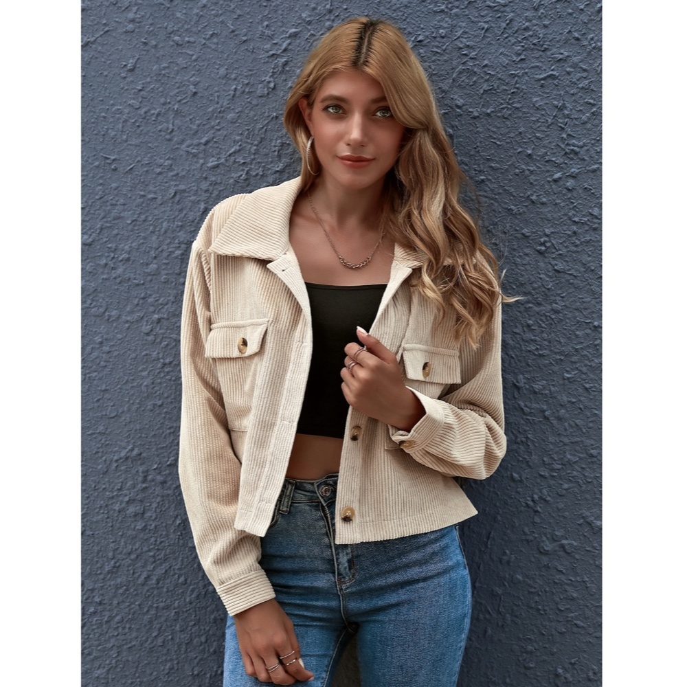 Beige Corduroy Crop Style Button Front Jacket - Picture 5 of 8
